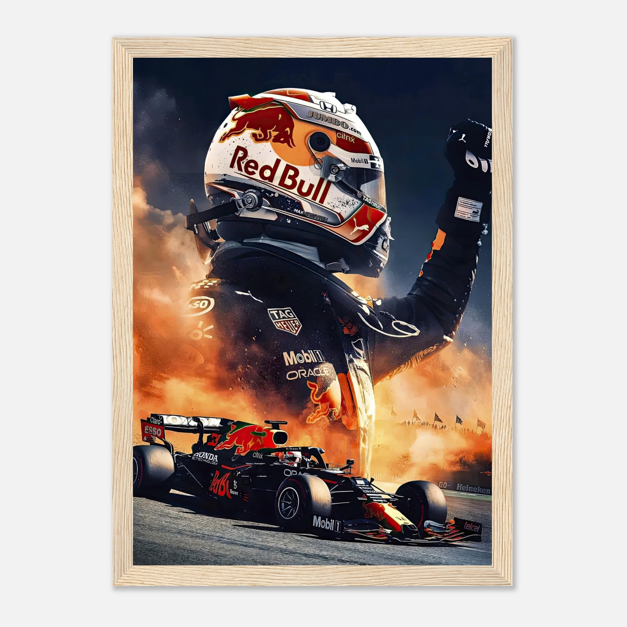 Max Verstappen framed print in Red Bull colors, showcasing speed and determination in dynamic Formula 1 artwork.