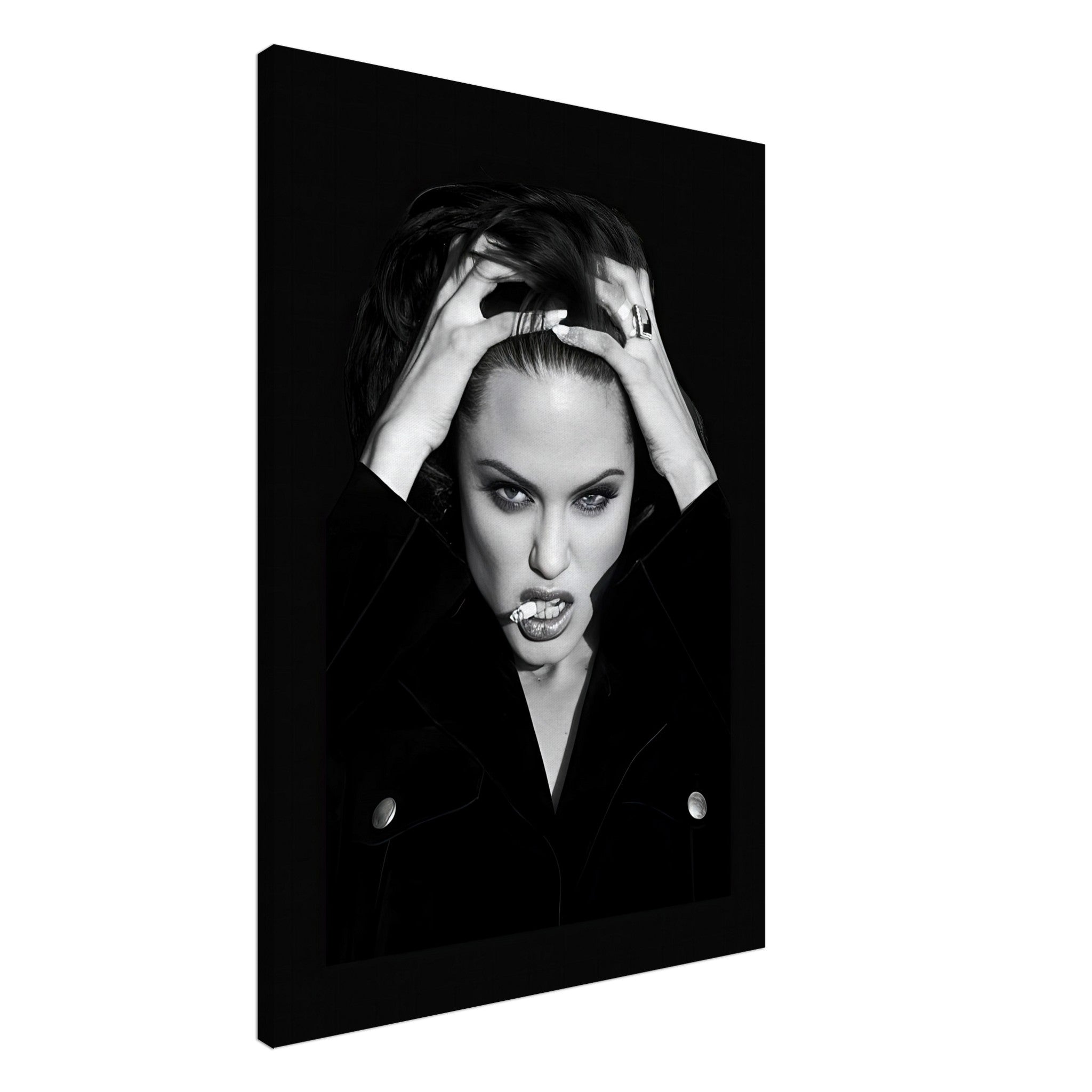 Angelina Jolie Smoking canvas art in striking black-and-white, showcasing elegance and intensity for modern interiors.