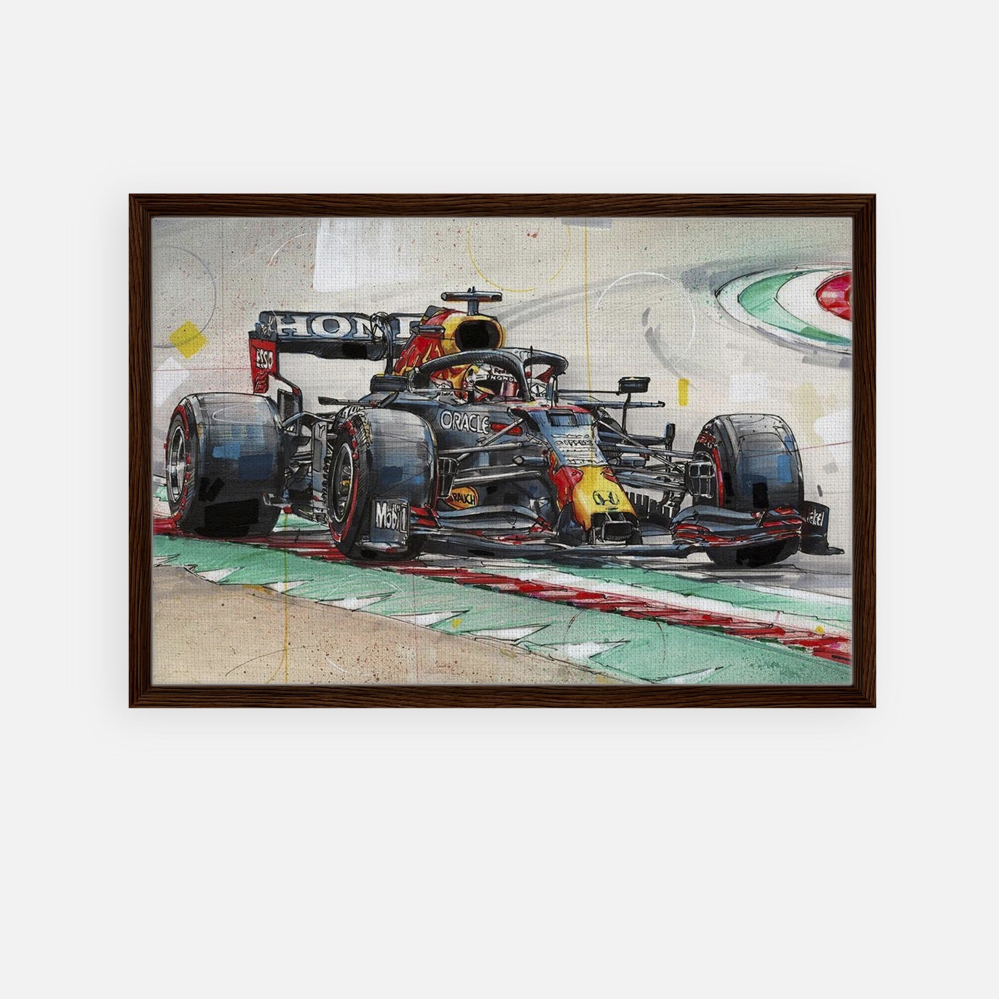 Framed canvas print of Max Verstappen racing in a Red Bull car, showcasing vibrant colors and dynamic detail.