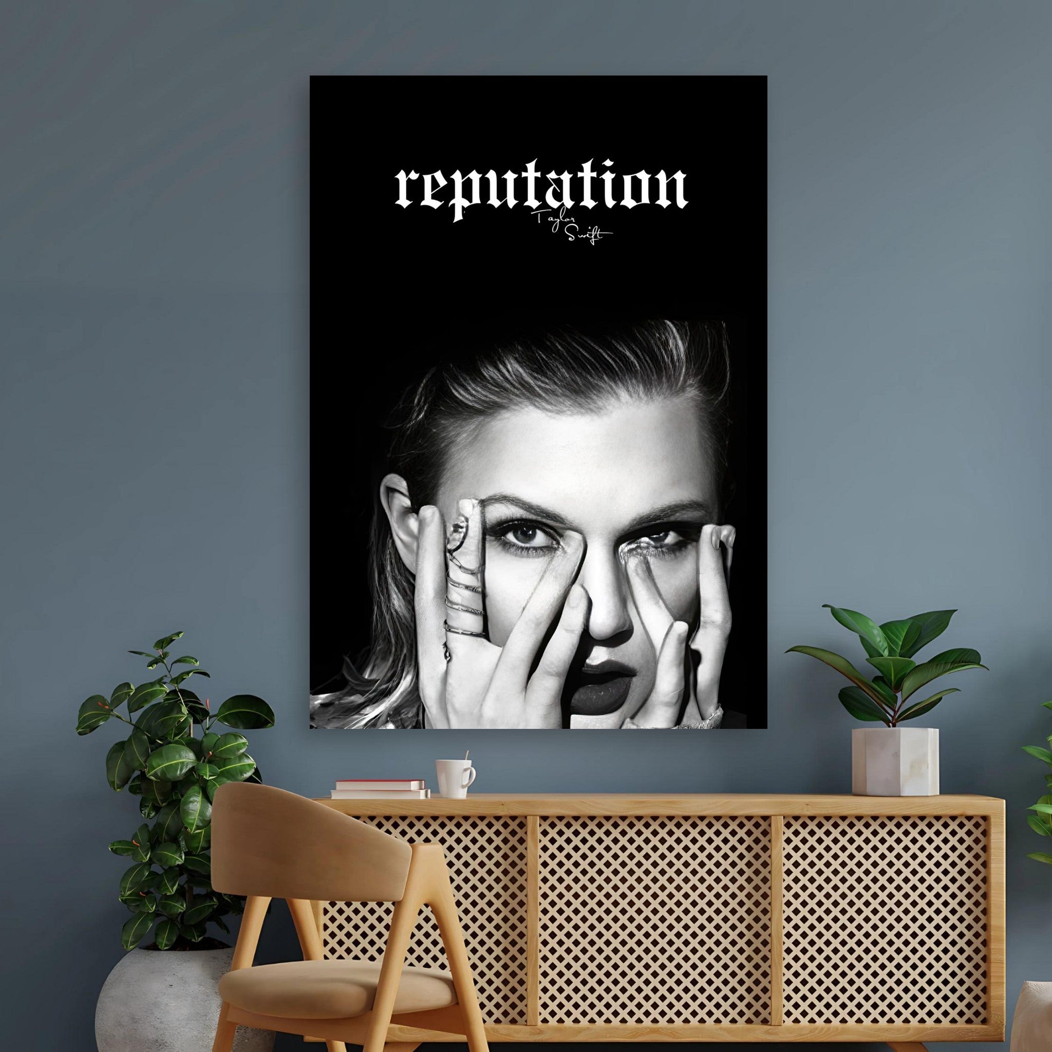 Taylor Swift Reputation poster featuring a striking black-and-white portrait, perfect for stylish home decor.