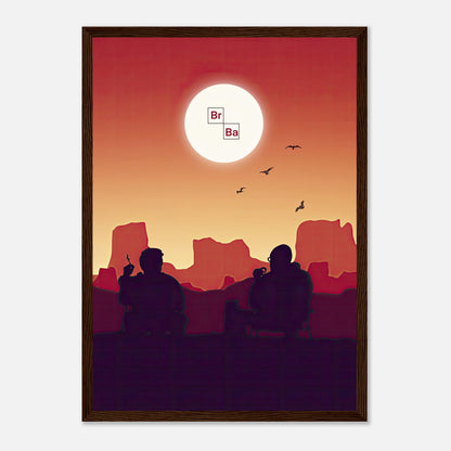 Sunset Breaking Bad framed poster featuring Walt and Jesse under a fiery sunset in a desert landscape.