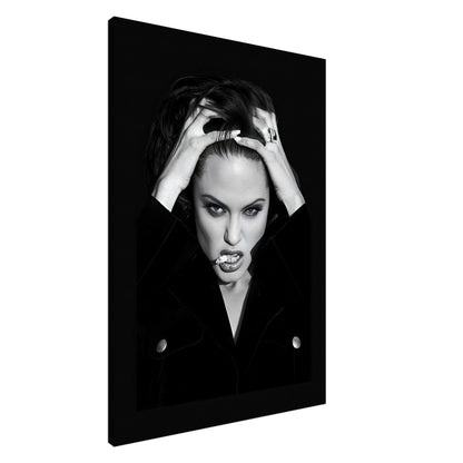 Black-and-white canvas of Angelina Jolie with an intense expression, capturing elegance and raw intensity in wall art.