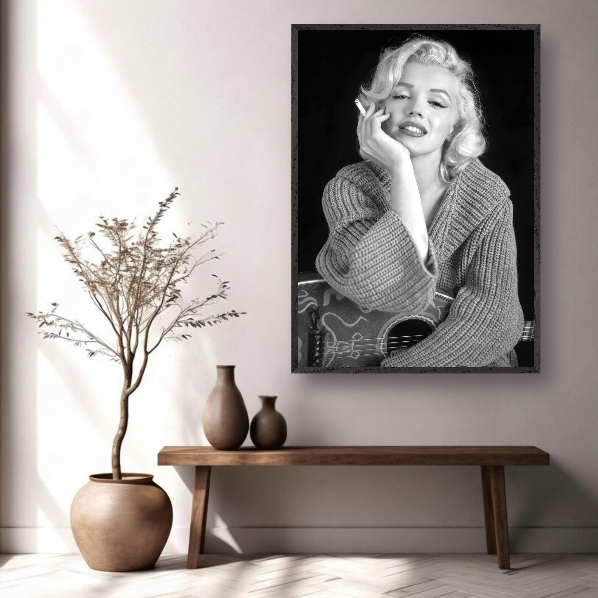 Vintage framed print of Marilyn Monroe smoking, showcasing timeless Hollywood glamour in a stylish interior setting.