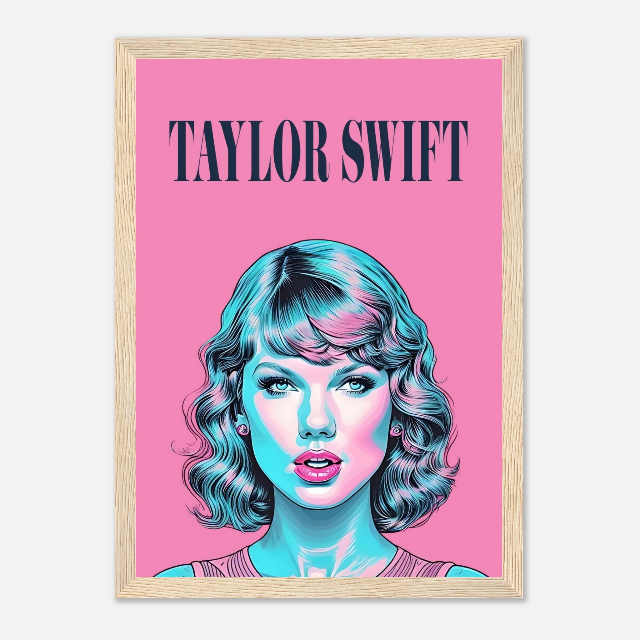 Taylor Swift pop art framed poster with pink backdrop and turquoise highlights, perfect for fans and art lovers.