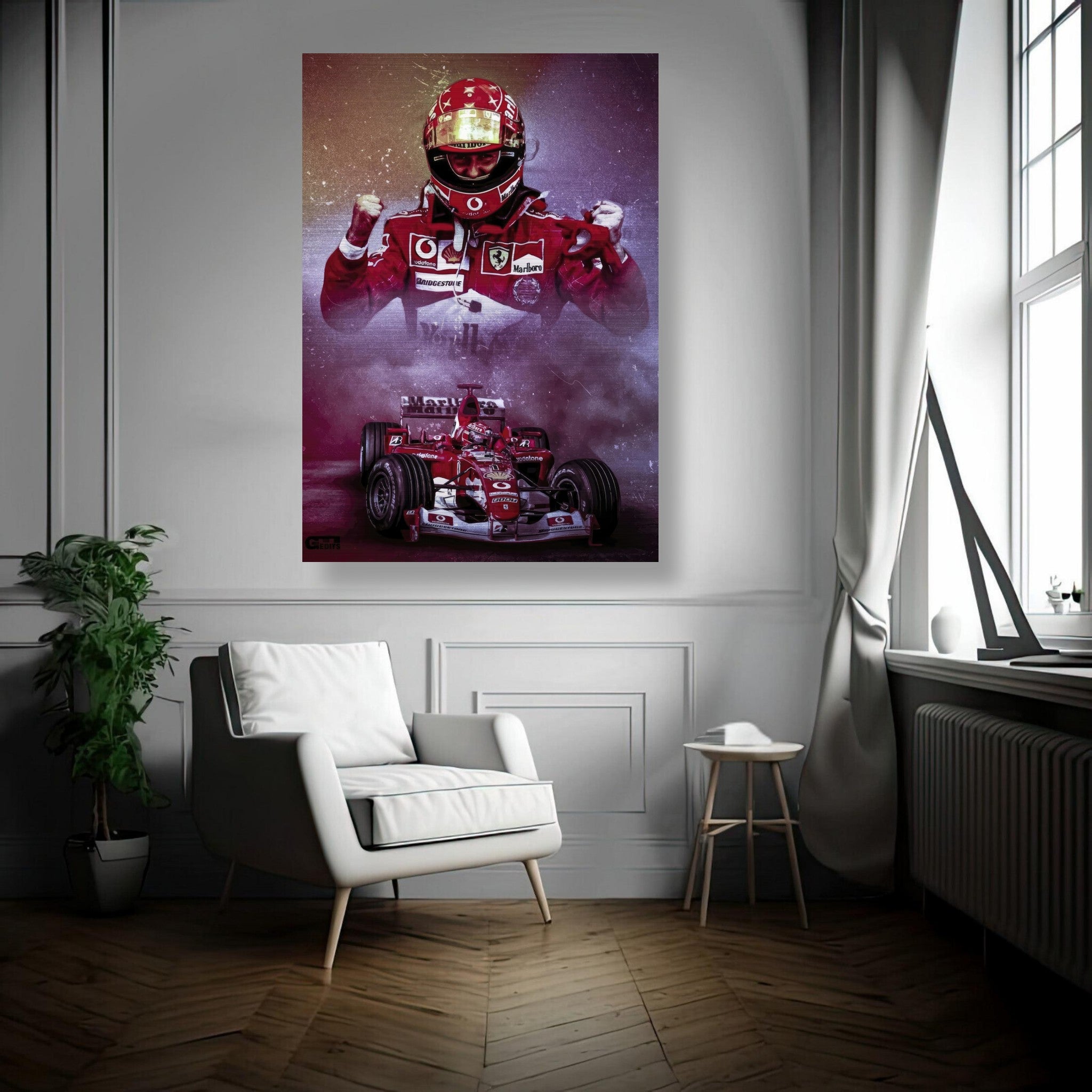 Michael Schumacher brushed metal poster featuring him in Ferrari gear celebrating with his F1 car in a stylish interior setting.