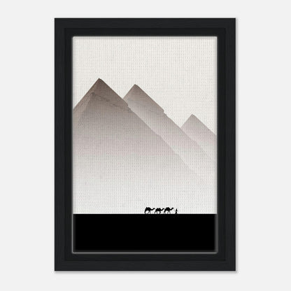 Minimalist framed canvas print of the Pyramids of Giza with earthy tones and silhouettes of camels.