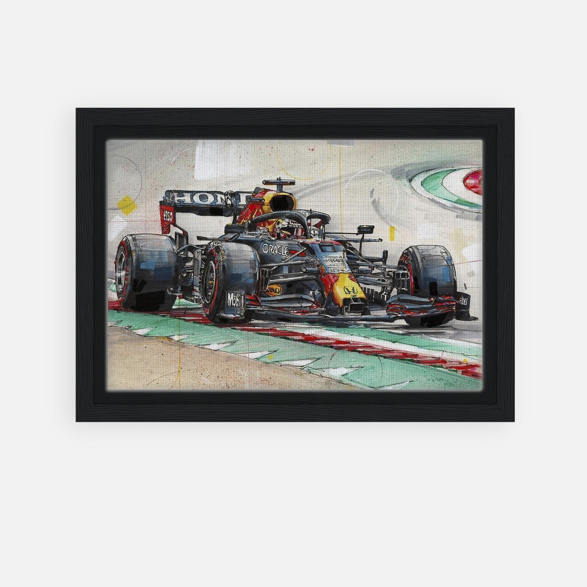 Framed canvas print of Max Verstappen racing in his Red Bull car, showcasing vibrant colors and dynamic action.