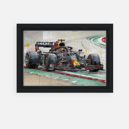 Framed canvas print of Max Verstappen racing in his Red Bull car, showcasing vibrant colors and dynamic action.