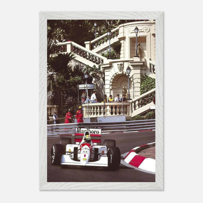 Ayrton Senna racing in a McLaren at the Monaco Grand Prix, framed fine art print showcasing vibrant details.