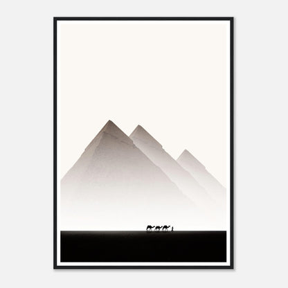 Framed print of the Pyramids of Giza with camels, showcasing Egypt travel photography and minimalist design.