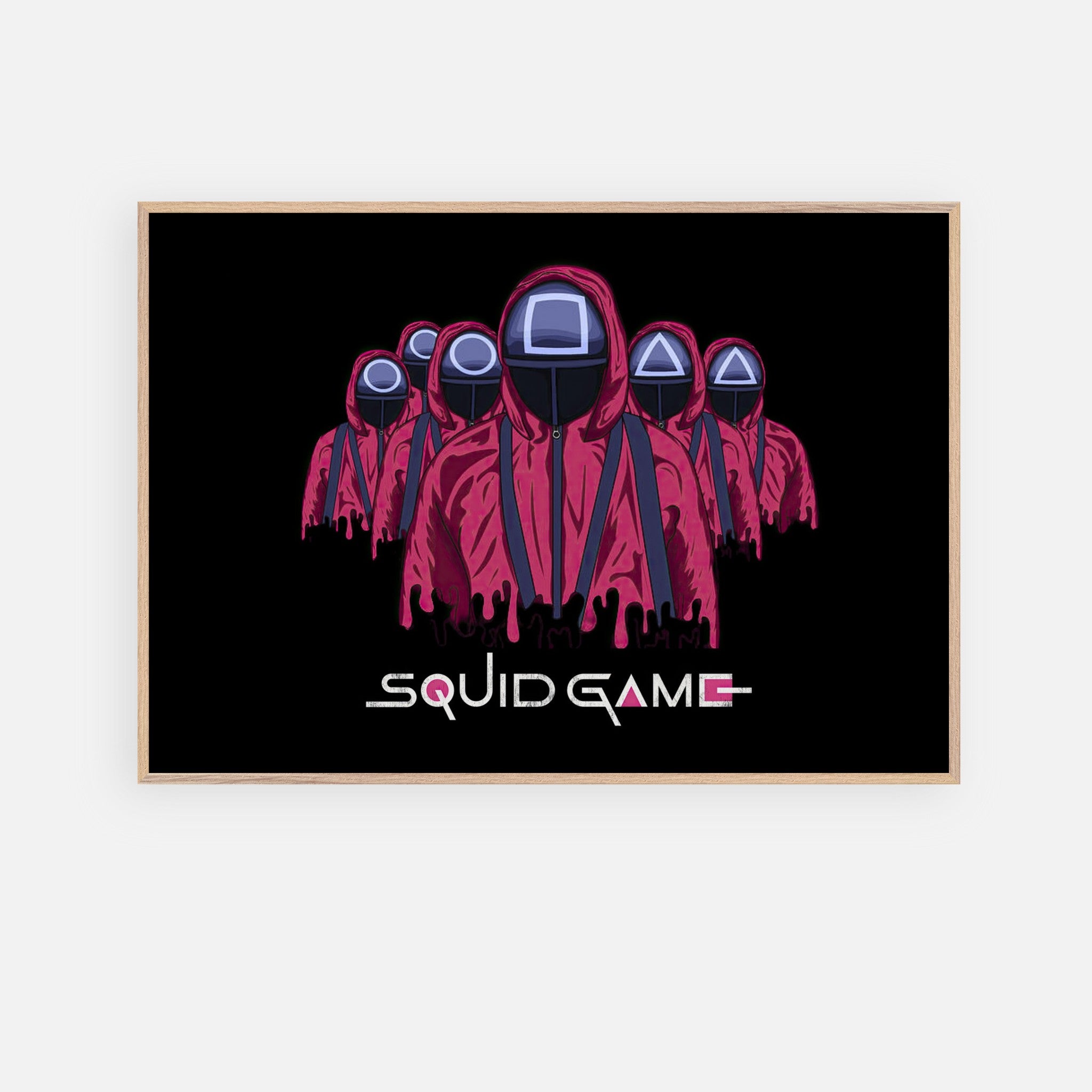 Squid Game Soldiers fine art print featuring iconic masked guards in striking red uniforms against a dark background.