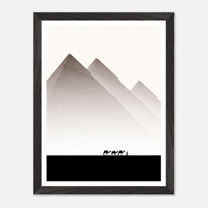 Pyramids of Giza framed art featuring camels and guide against a soft sky, capturing ancient Egypt's majesty.