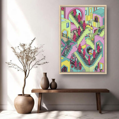 Squid Game Stairs framed canvas print featuring vibrant colors and intricate designs of characters navigating surreal staircases.