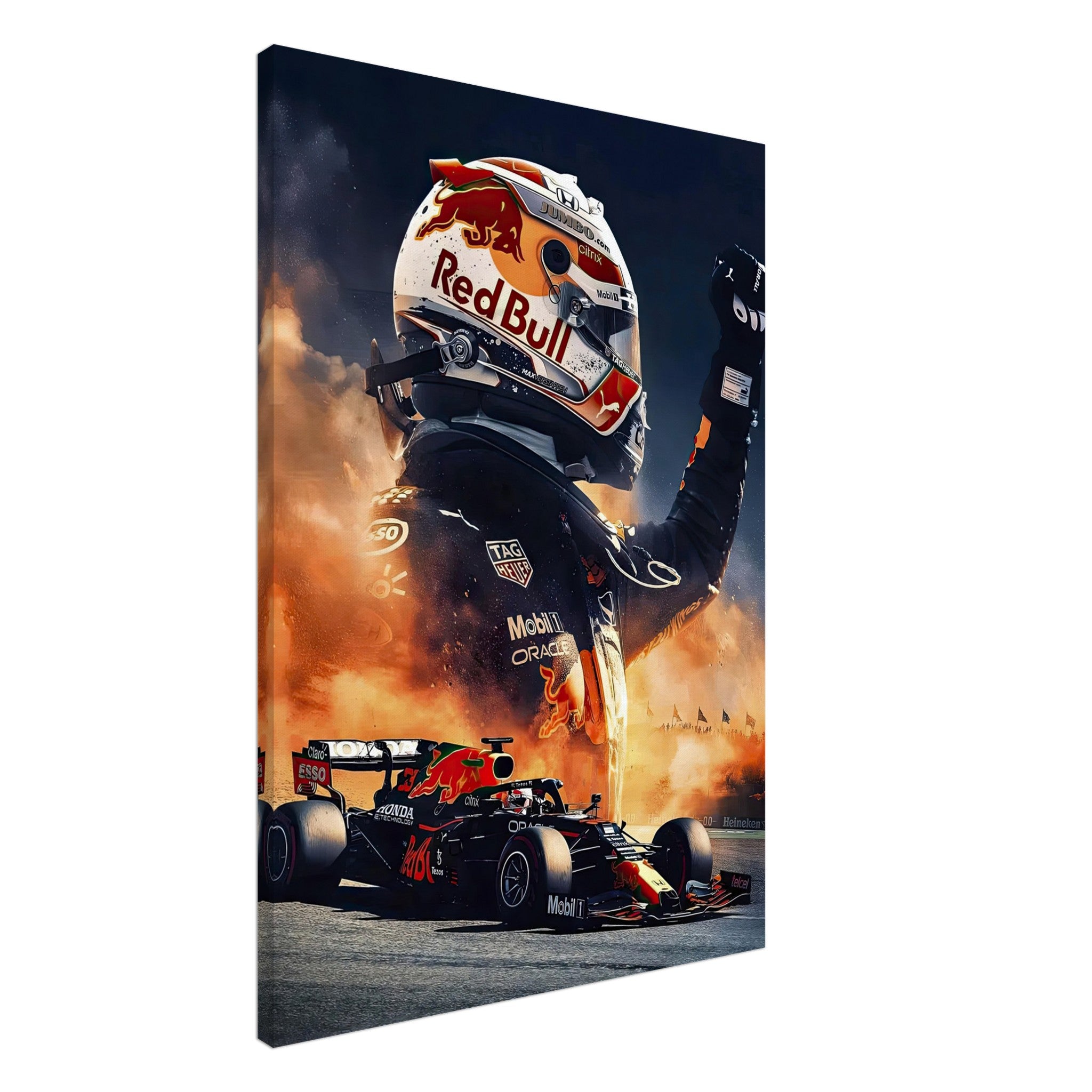 Max Verstappen Red Bull canvas art featuring vibrant colors and dramatic Formula 1 action, perfect for modern decor.