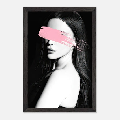 Vintage framed print of a monochromatic portrait with a striking pink brushstroke obscuring the eyes.