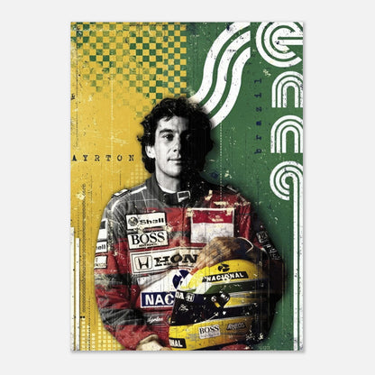 Ayrton Senna F1 Legend poster featuring vibrant colors and dynamic design celebrating the three-time world champion.