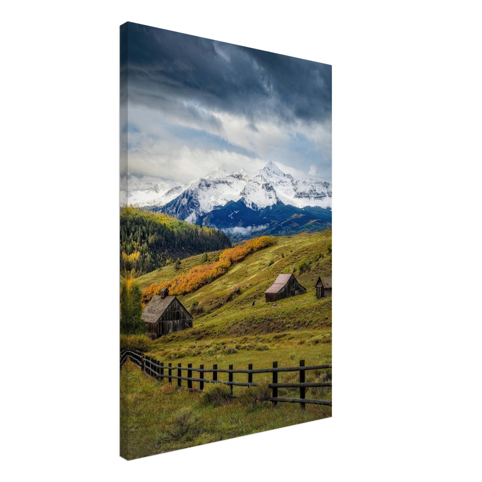 Telluride, Colorado canvas artwork featuring rustic cabins and snow-capped peaks in autumn colors.