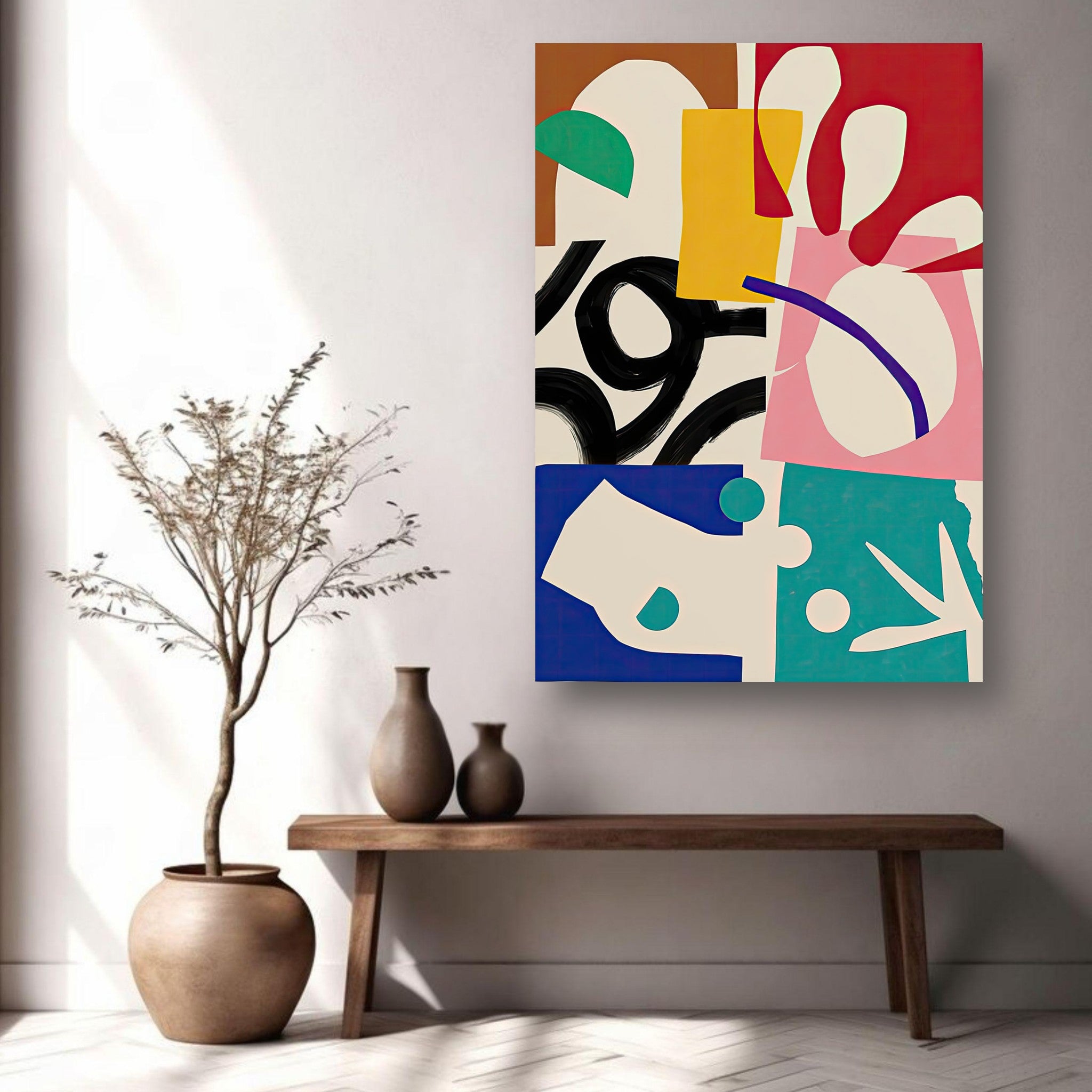 Abstract Harmony metal print showcasing bold colors and fluid shapes in a modern living space.