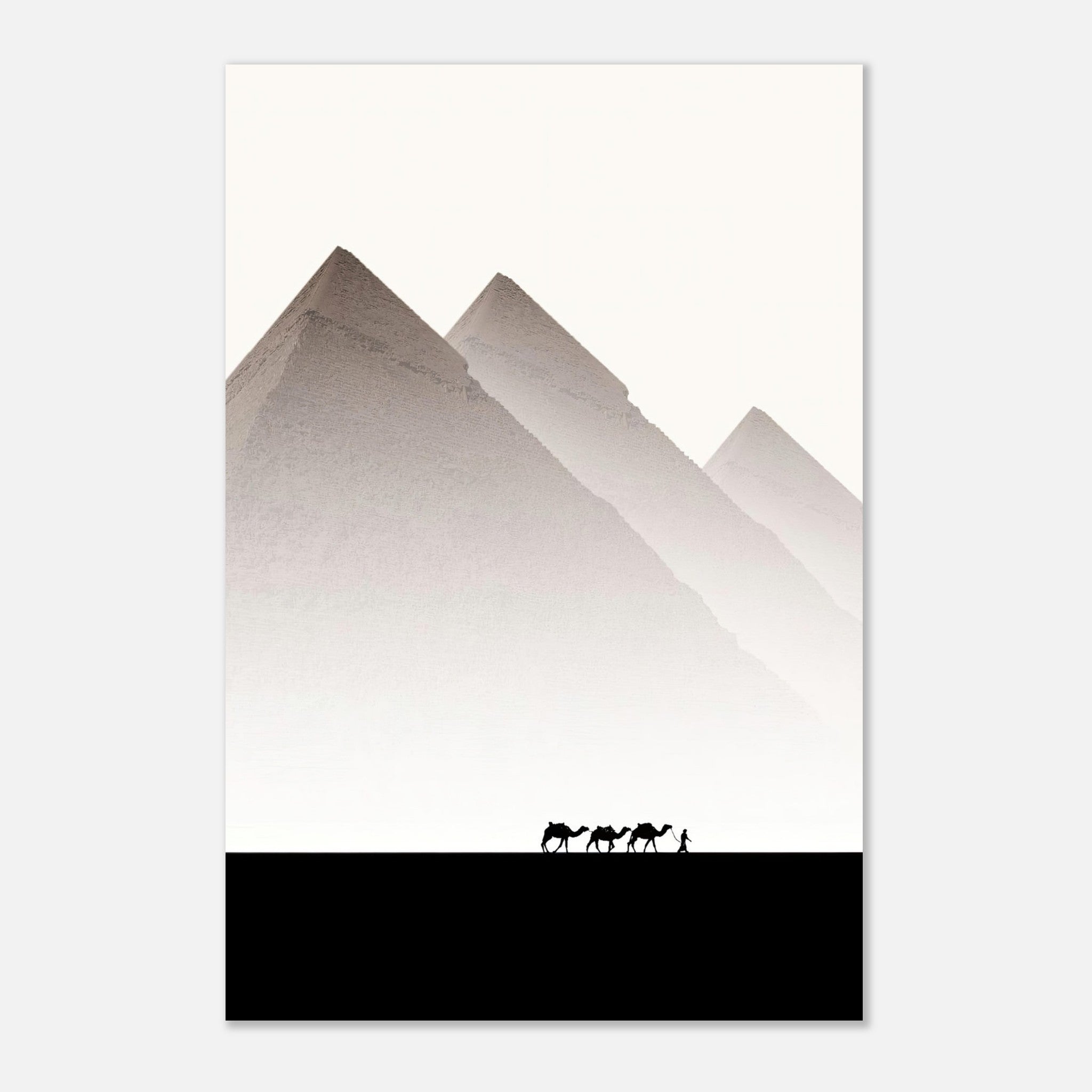 Pyramids of Giza metal print featuring iconic pyramids and camels in a serene desert landscape.