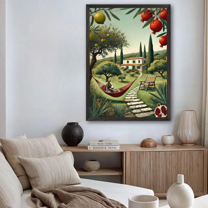 Mediterranean rural landscape artwork with a hammock, villa, and cypress trees, perfect for home decor.