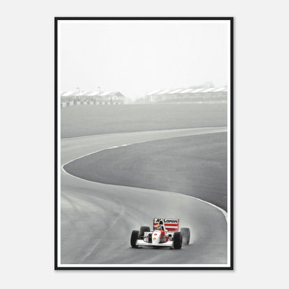 1988 Ayrton Senna driving McLaren MP4/4 in black and white framed print capturing racing history.