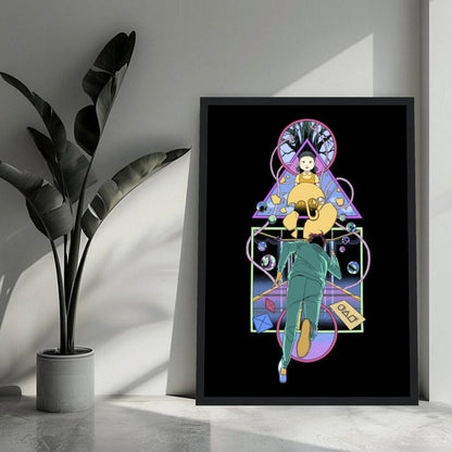 "Doll Squid Game framed print featuring iconic doll and player in a vibrant, striking design for fans of the show."