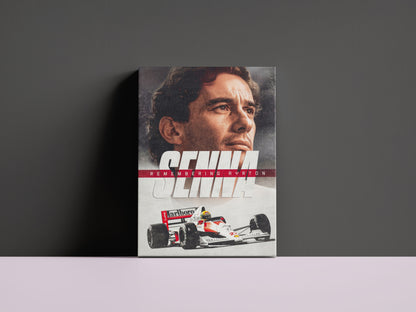 Ayrton Senna canvas art featuring his iconic portrait and racing car, celebrating his legacy in Formula 1.