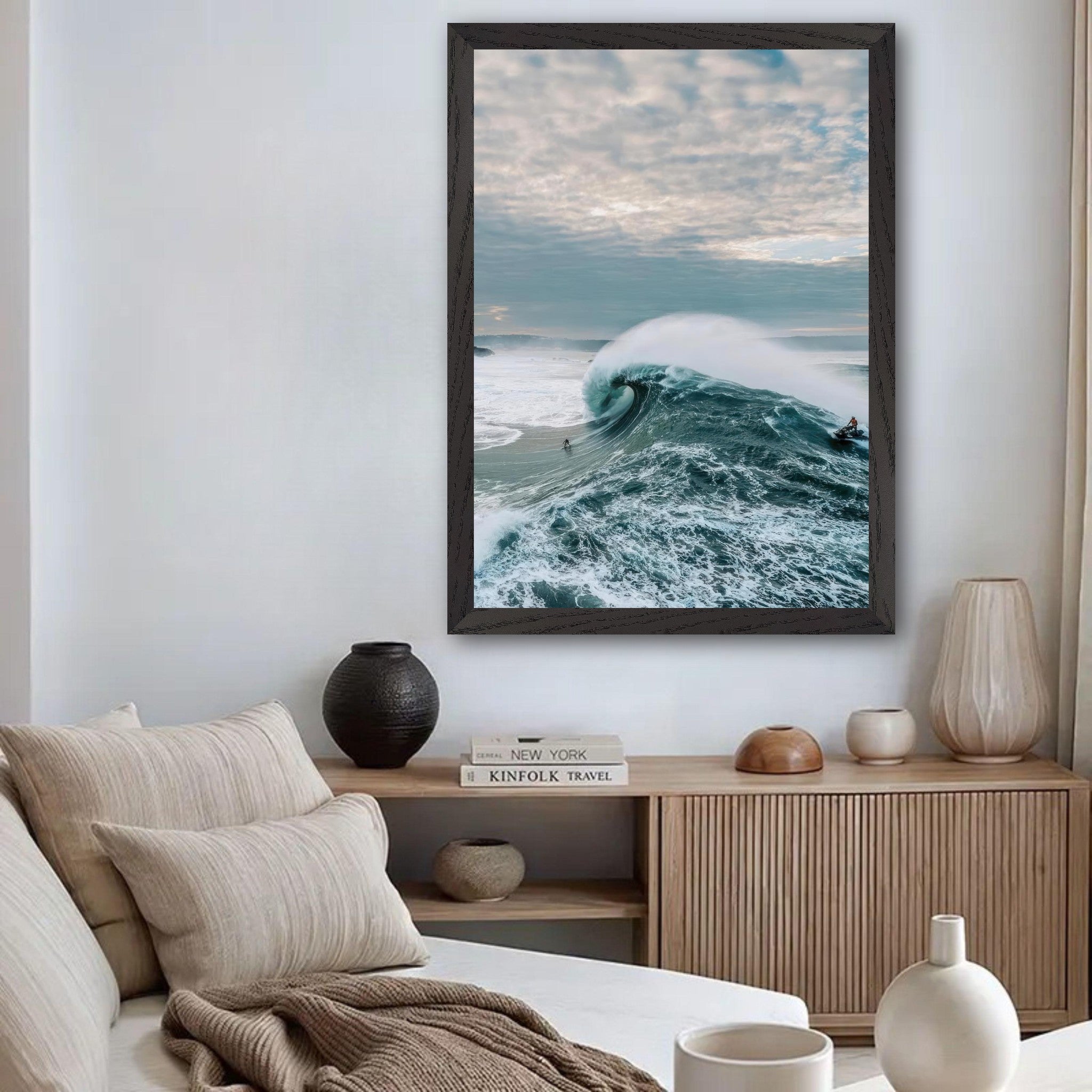 Big Wave Surfing Vintage Framed Print showcasing a surfer riding a towering wave in a tranquil living room setting.