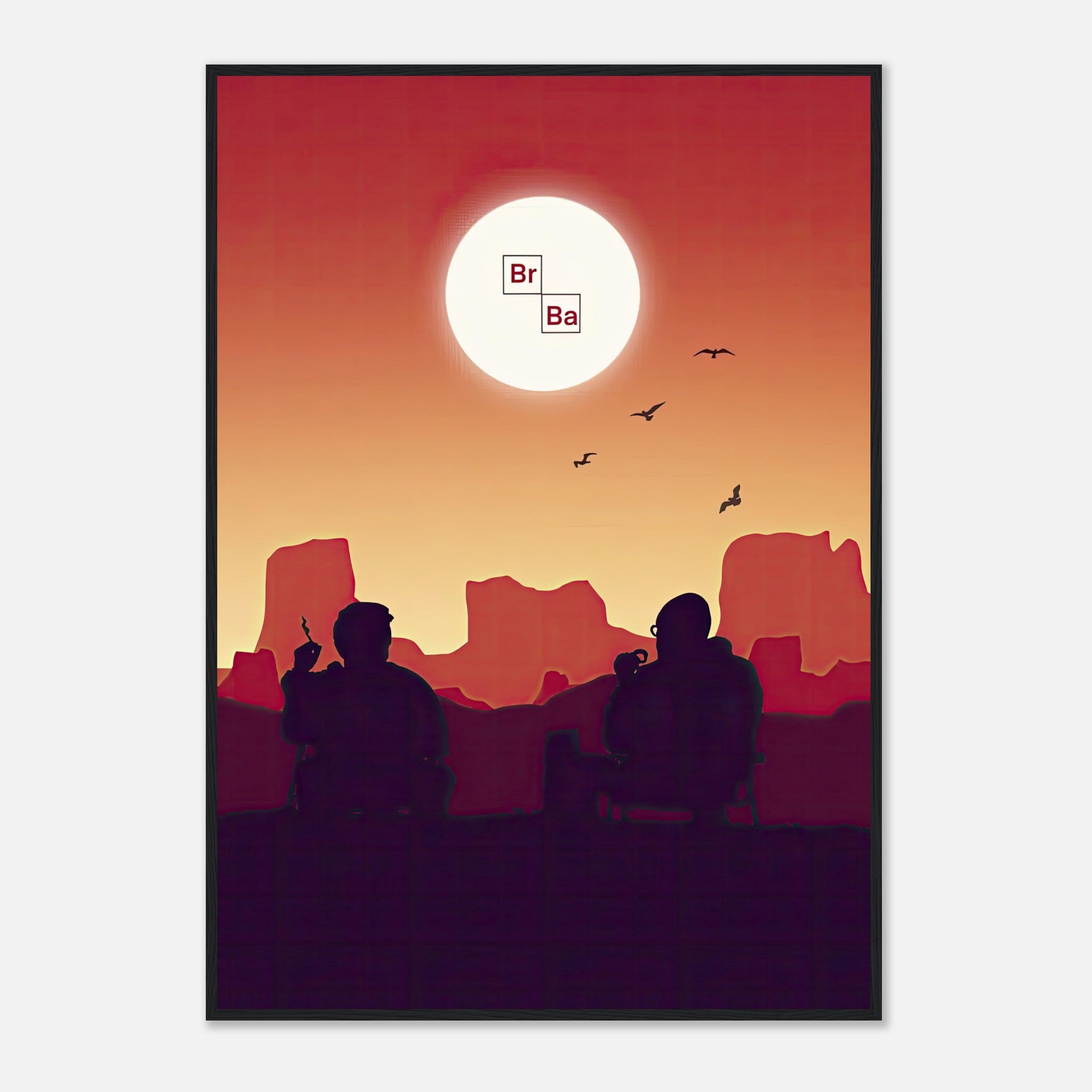 Framed poster of Walter White and Jesse Pinkman under a fiery sunset, inspired by Breaking Bad series.