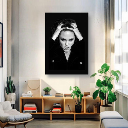 Angelina Jolie Smoking metal print displayed in a modern living room, showcasing dramatic black-and-white art.