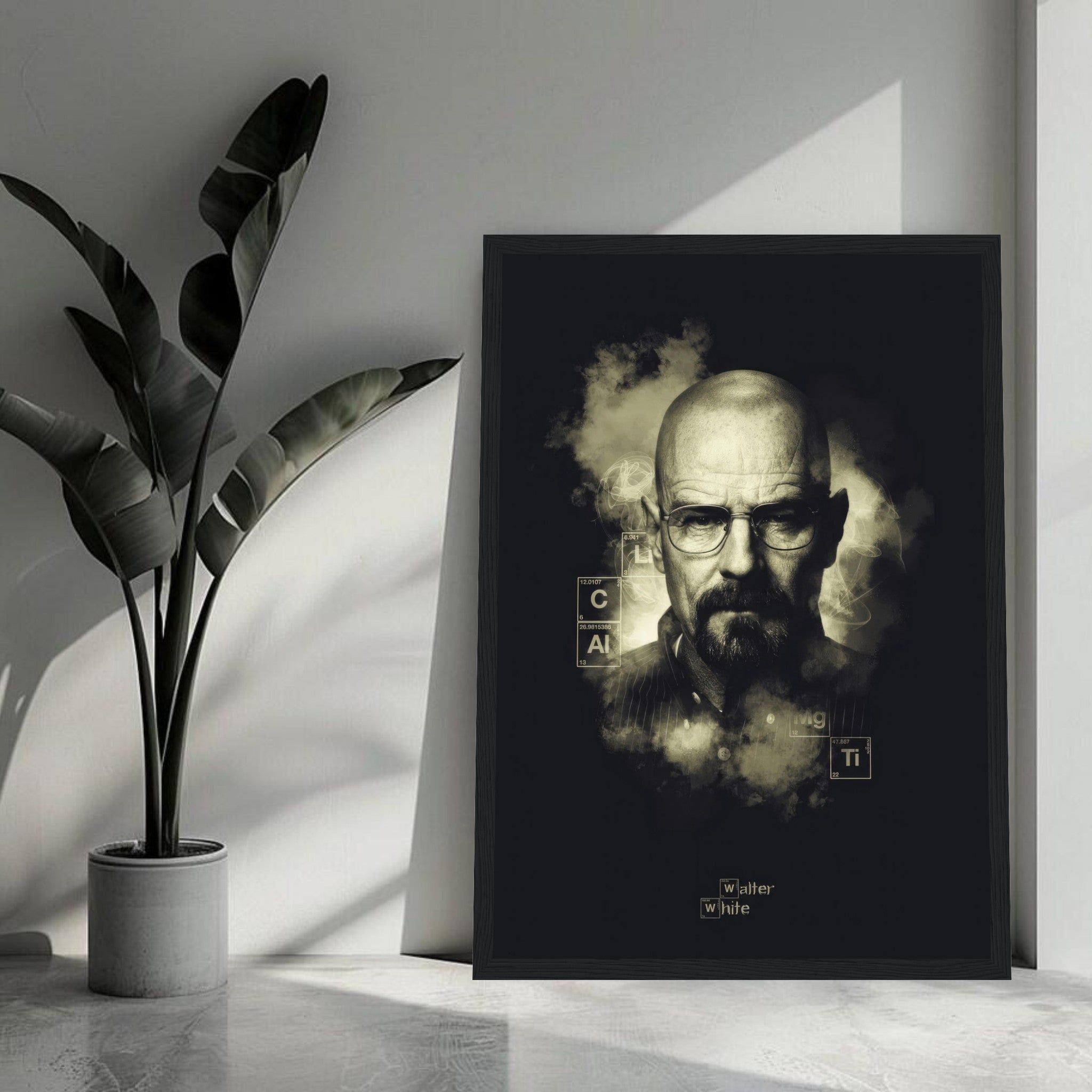 Walter White Heisenberg framed poster with smoky background and periodic table elements in a stylish setting.