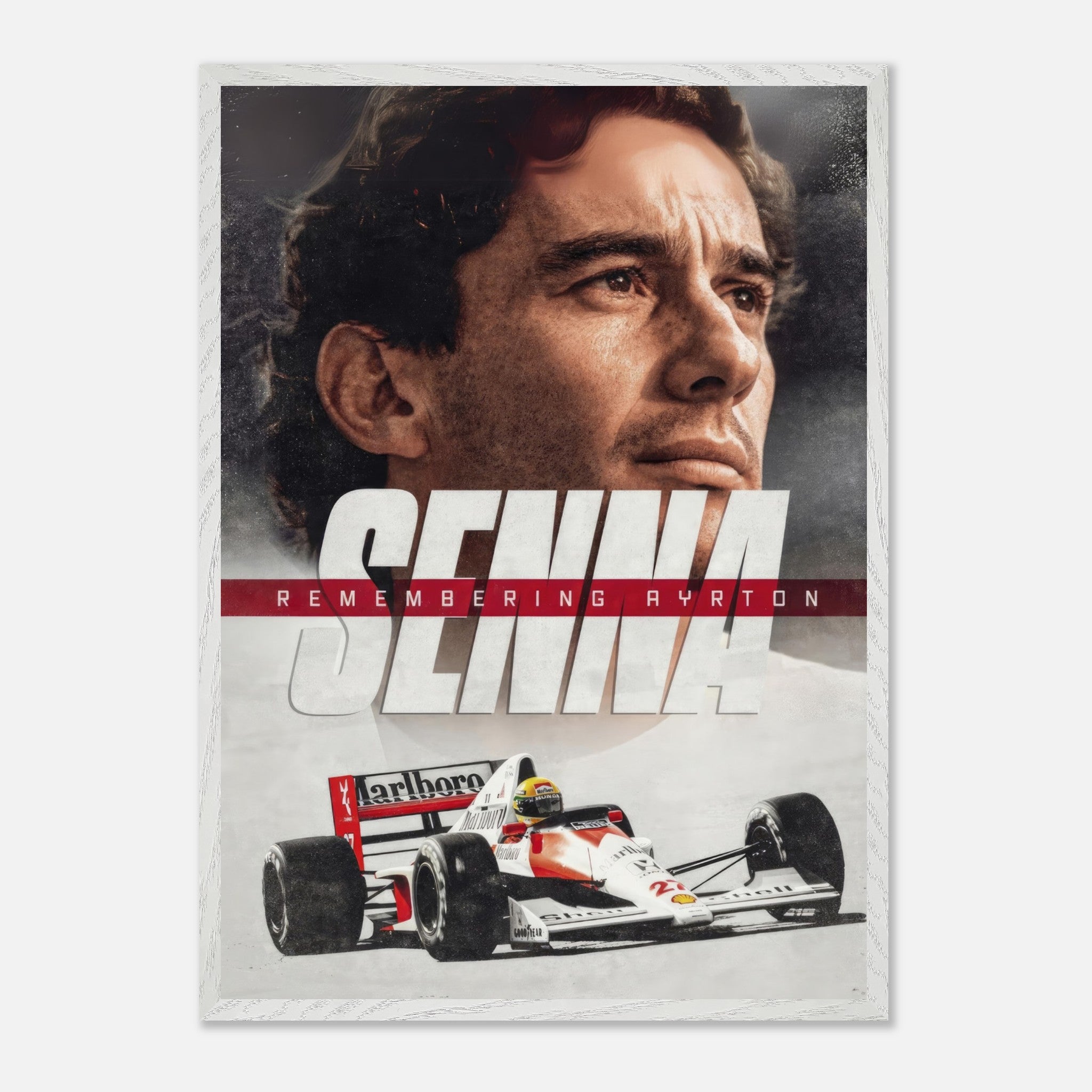 Fine art print of Ayrton Senna, featuring his portrait and iconic race car, celebrating his legacy in motorsport.