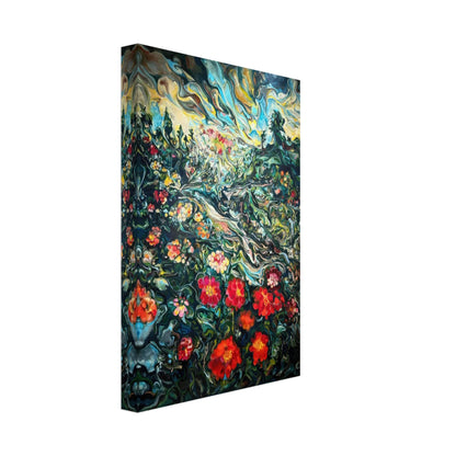 Abstract floral landscape painting canvas print featuring vibrant colors and swirling brushstrokes.