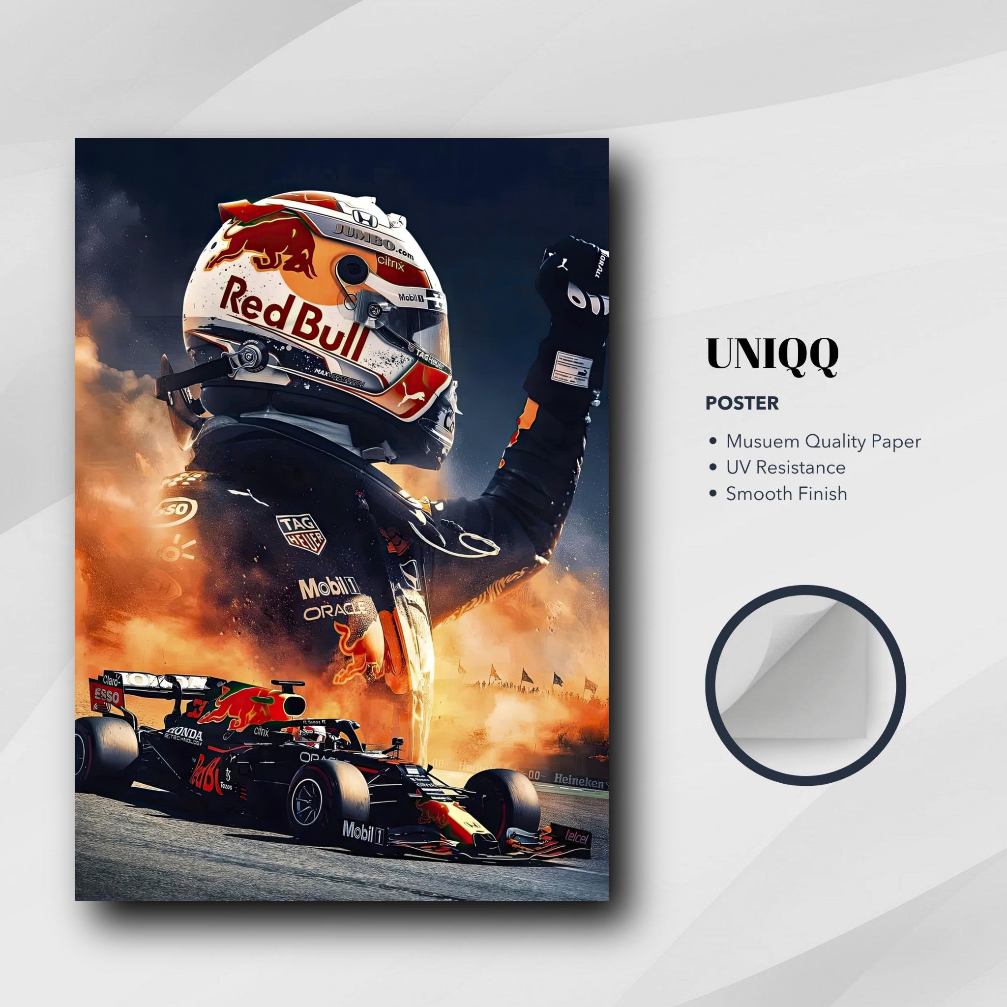 Max Verstappen Red Bull poster featuring dynamic F1 design, vibrant colors, and high-quality print on museum-quality paper.