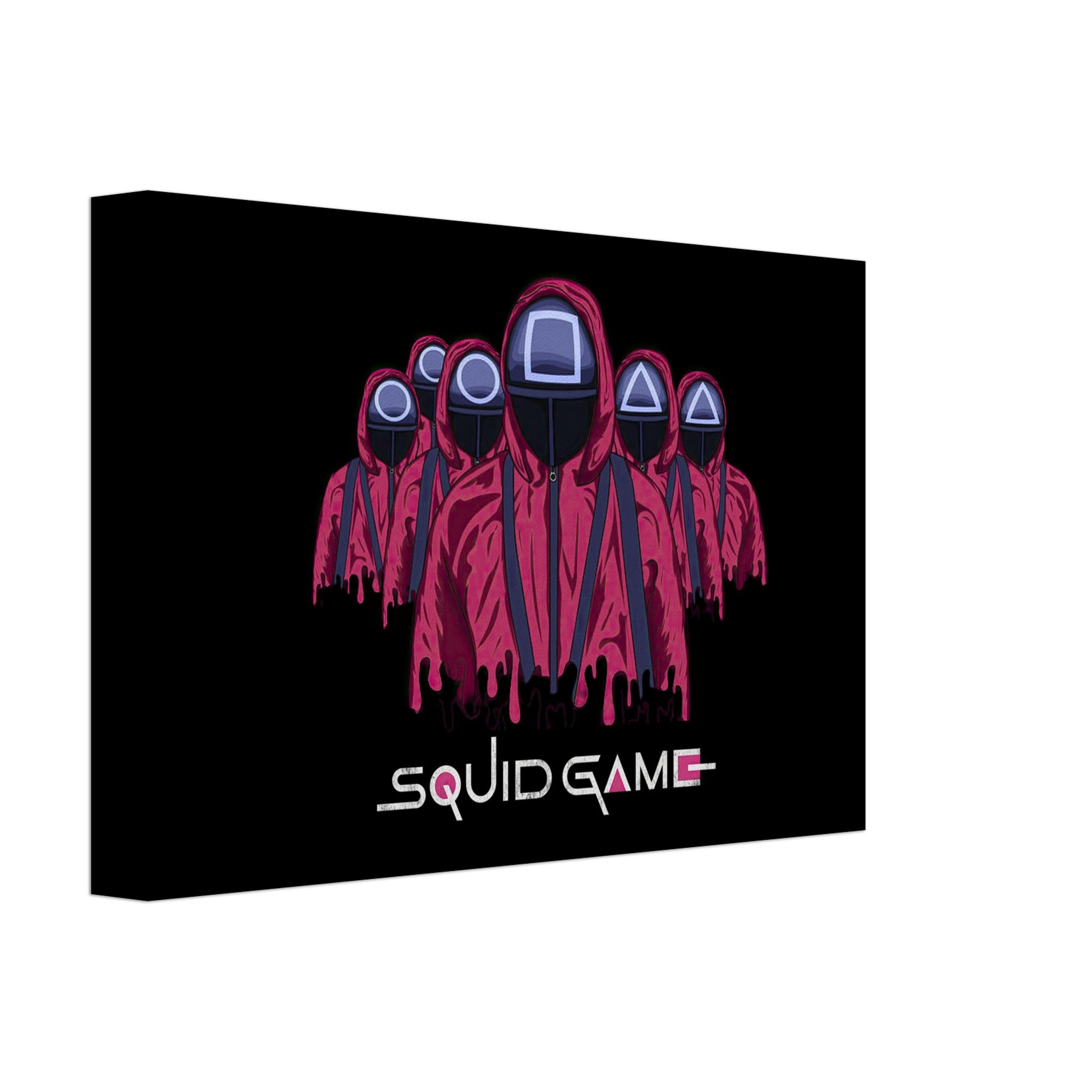 Squid Game Soldiers canvas featuring iconic masked guards in red uniforms against a black background.