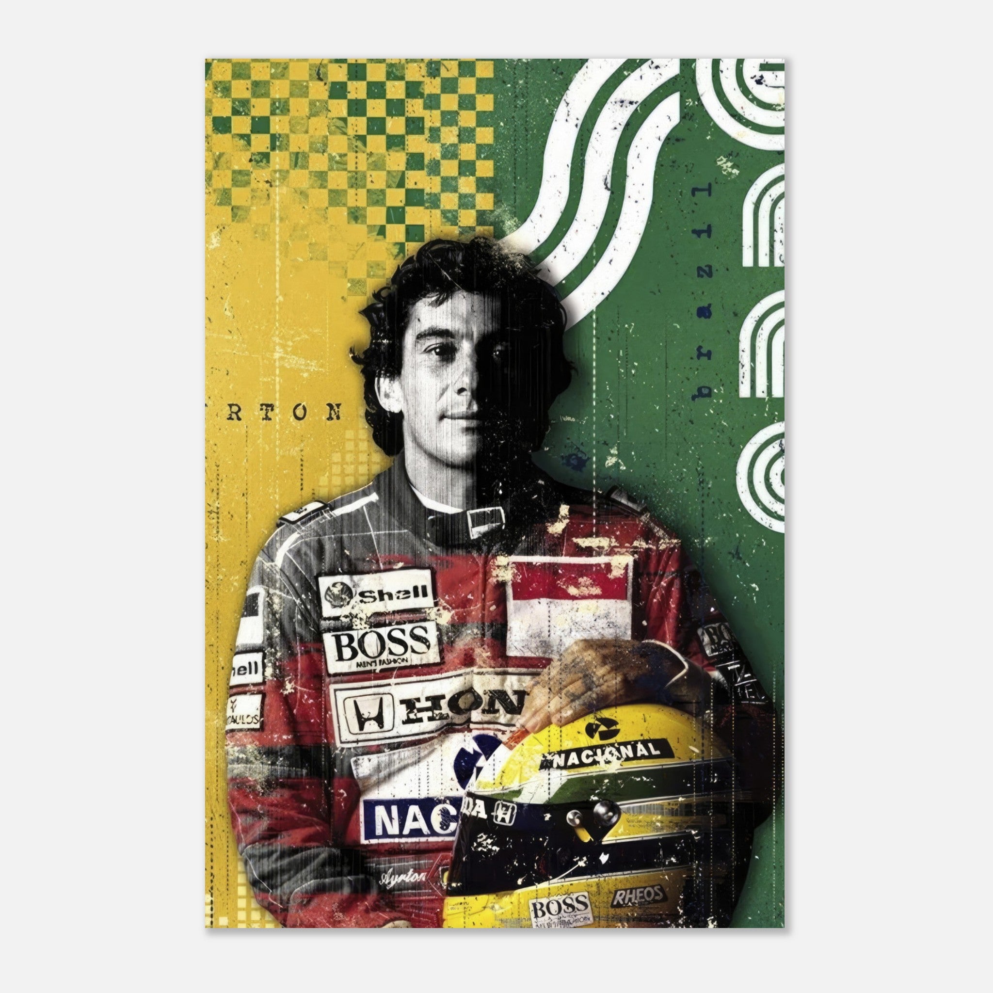 Ayrton Senna F1 legend metal poster with vibrant Brazilian colors and iconic racing imagery. Perfect for motorsport fans.