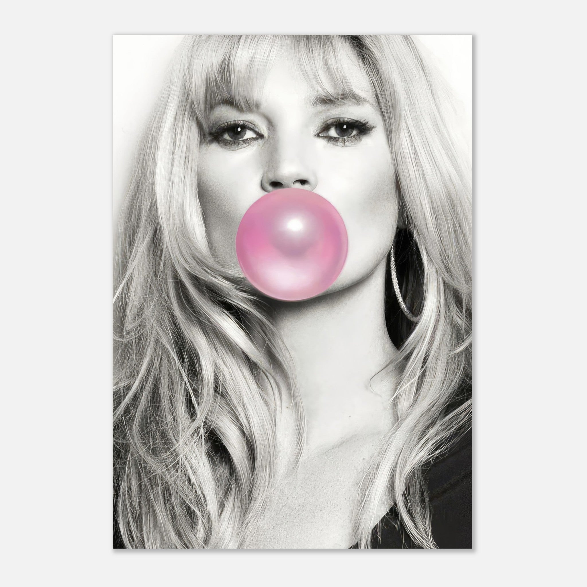 Kate Moss in black-and-white portrait blowing a pink bubble gum, exuding timeless elegance and modern style.