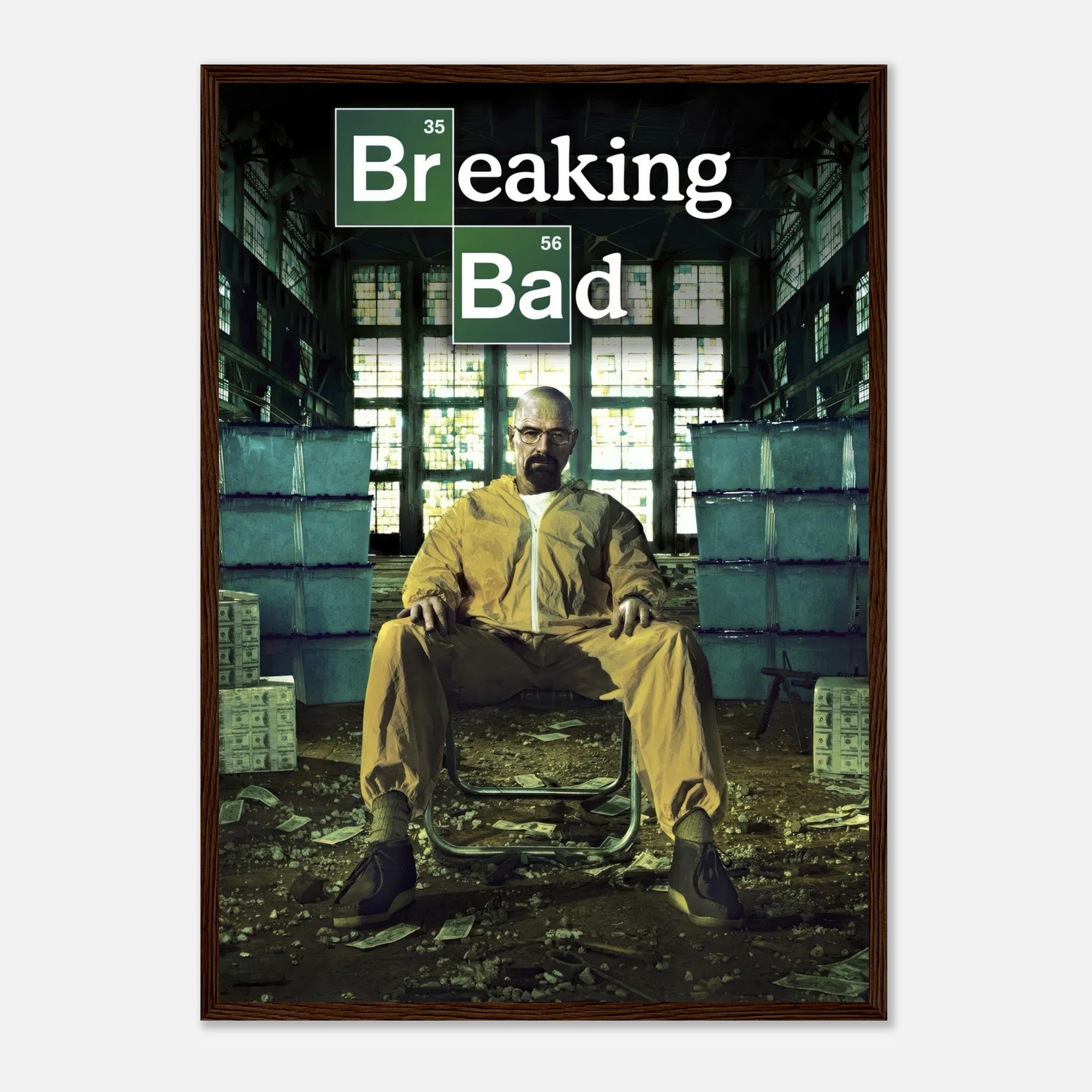 Walter White framed poster from Breaking Bad, featuring him in a yellow hazmat suit in an intense, atmospheric setting.