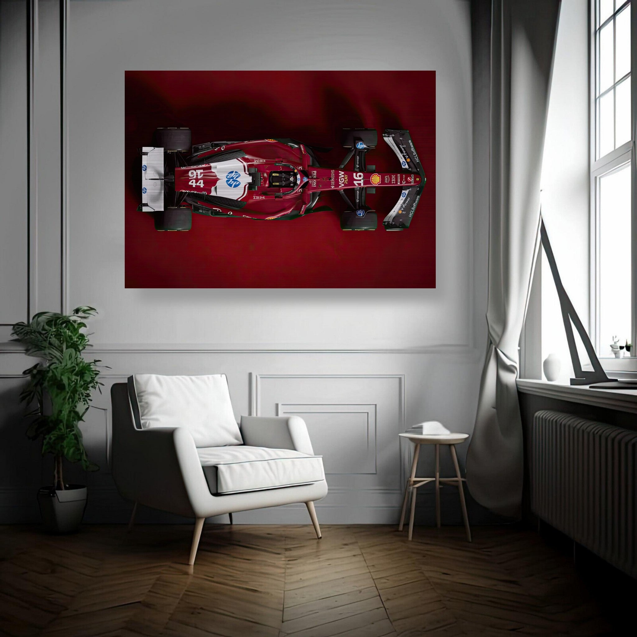 Ferrari F1 2025 artwork in brushed metal finish, displayed in a stylish room with modern decor and natural light.
