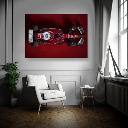 Ferrari F1 2025 artwork in brushed metal finish, displayed in a stylish room with modern decor and natural light.