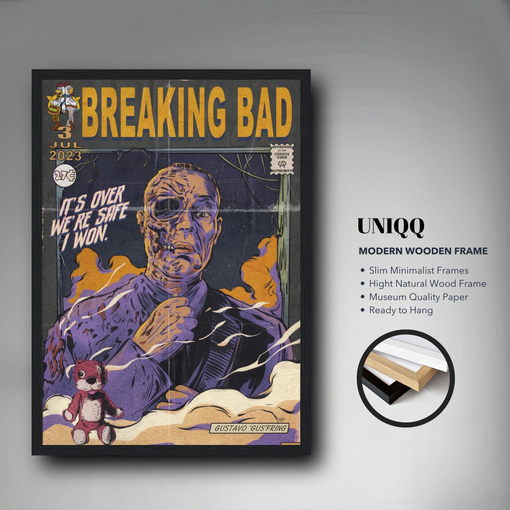 Framed vintage comic-style poster of Gustavo Fring from Breaking Bad, featuring bold colors and retro design.