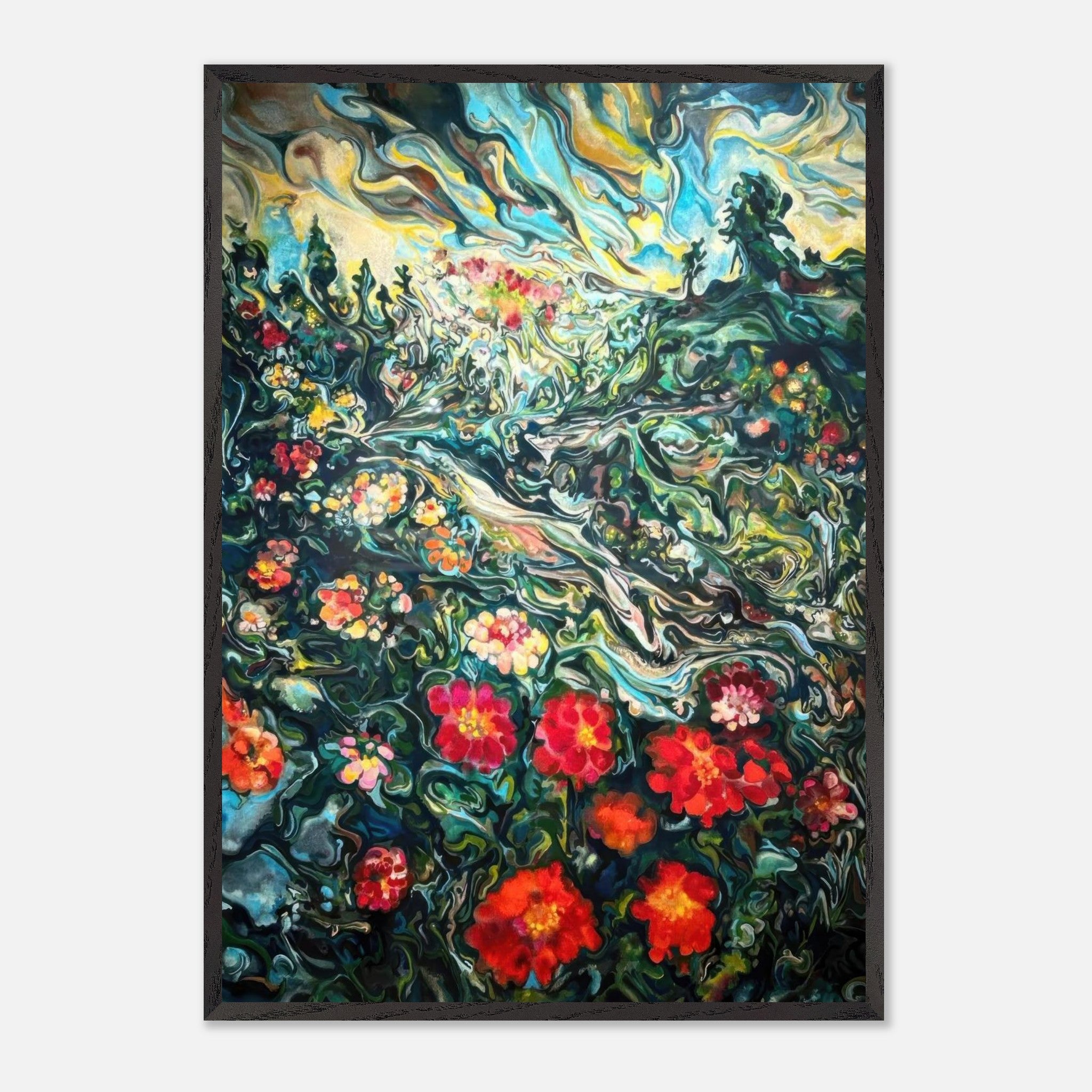 Abstract floral landscape painting in vintage frame, showcasing vibrant blossoms and swirling colors.