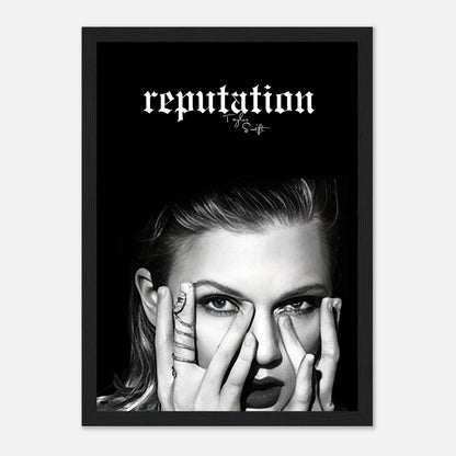 Taylor Swift Reputation framed print featuring bold black-and-white imagery and striking minimalist design.