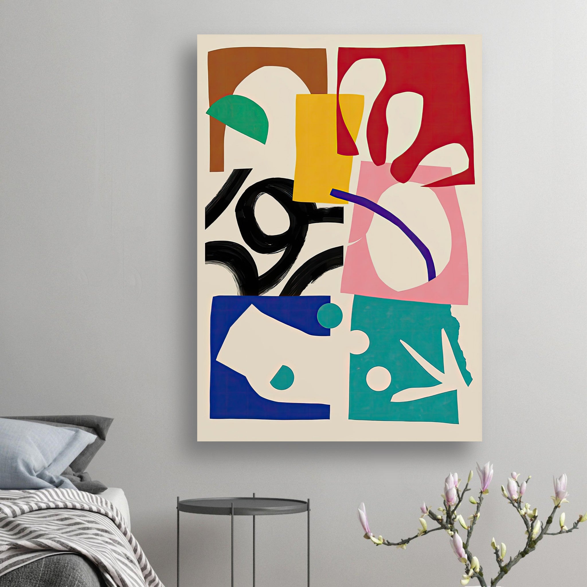 Abstract Harmony Poster featuring bold colors and dynamic shapes in a contemporary living space.