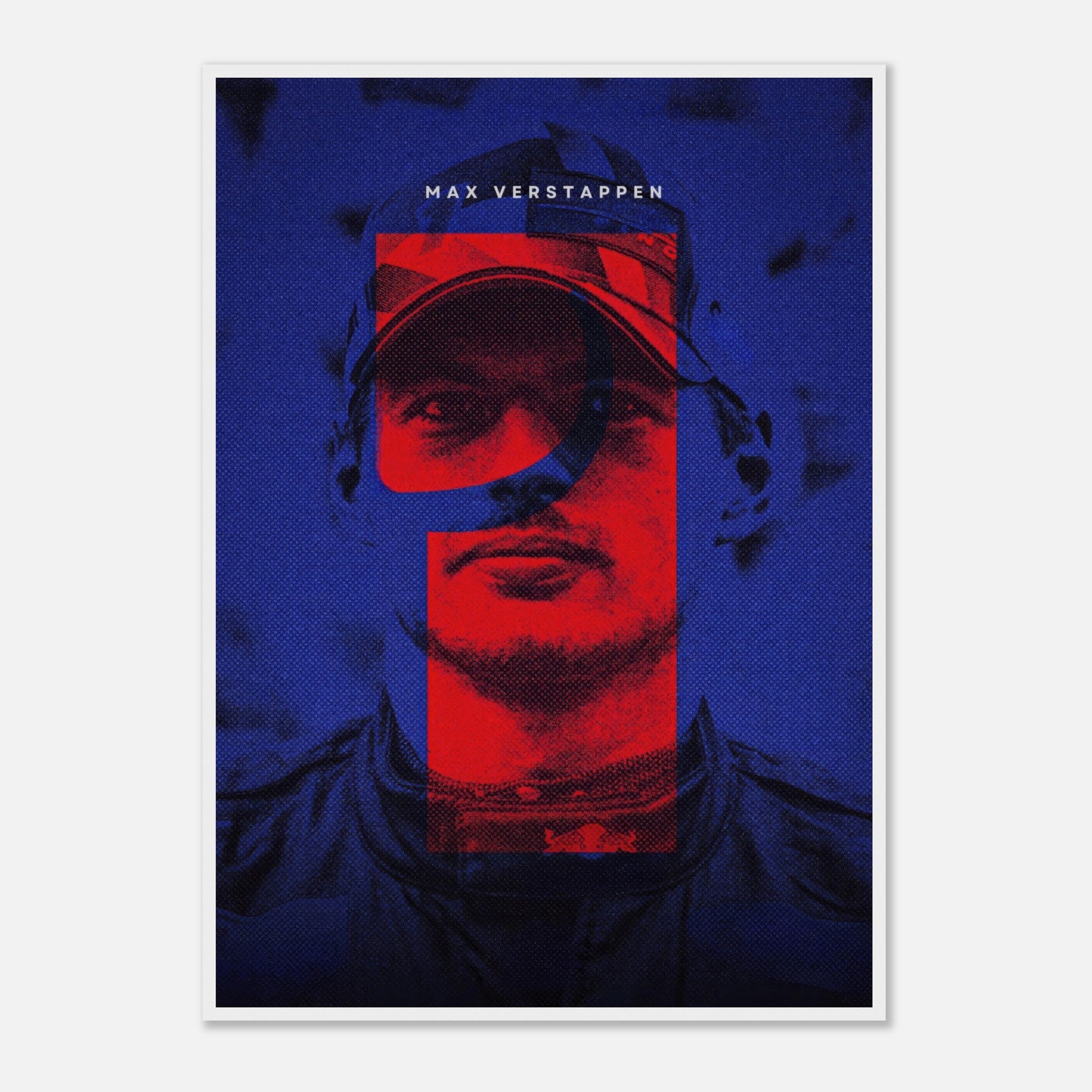 Max Verstappen framed print showcasing dynamic colors and design, celebrating his Formula 1 championship spirit.