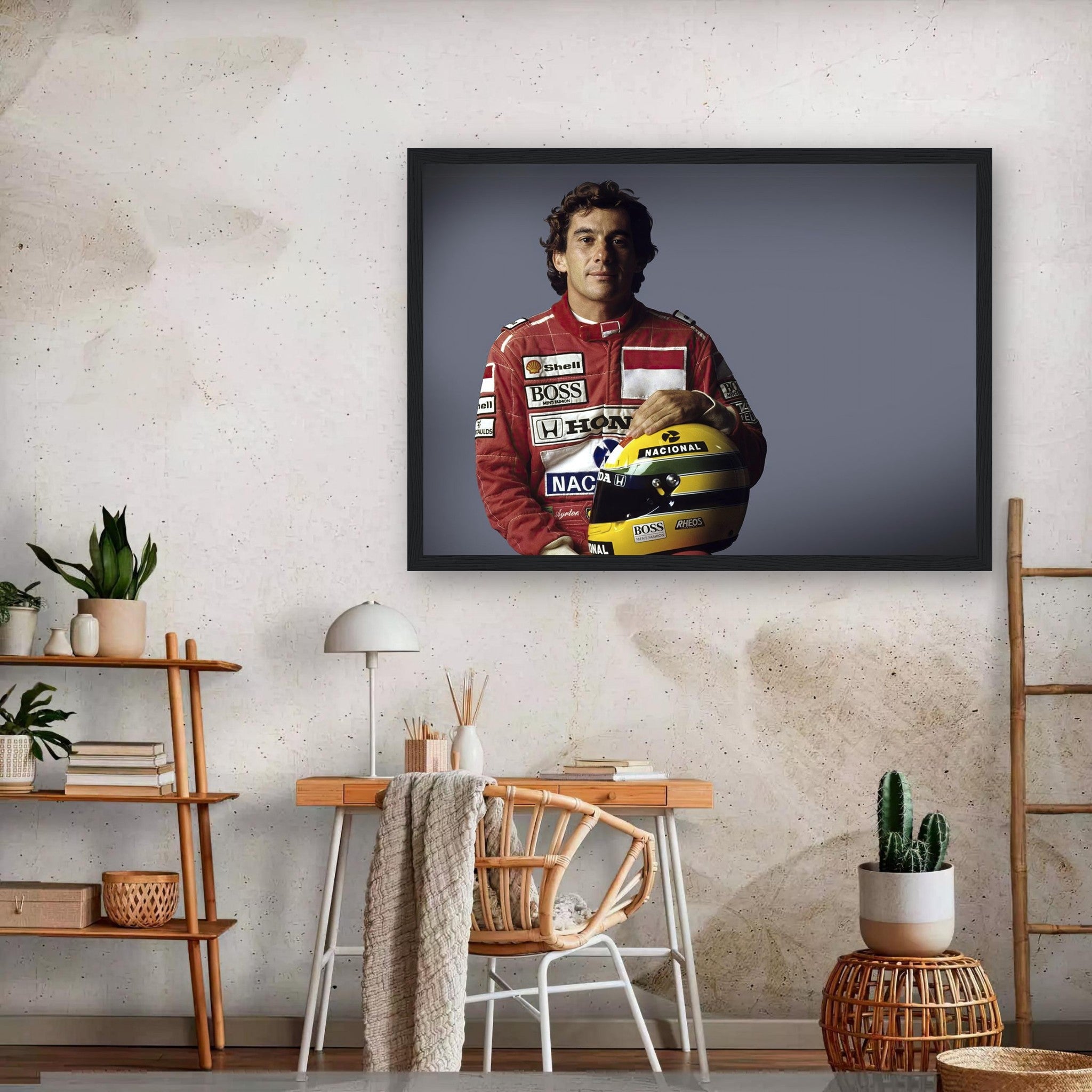 Framed print of Ayrton Senna in racing gear, showcasing motorsport elegance for home decor. Perfect for Formula 1 fans.