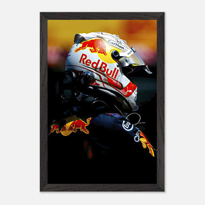 Framed fine art print of Max Verstappen in Red Bull racing helmet showcasing intense Formula 1 spirit.