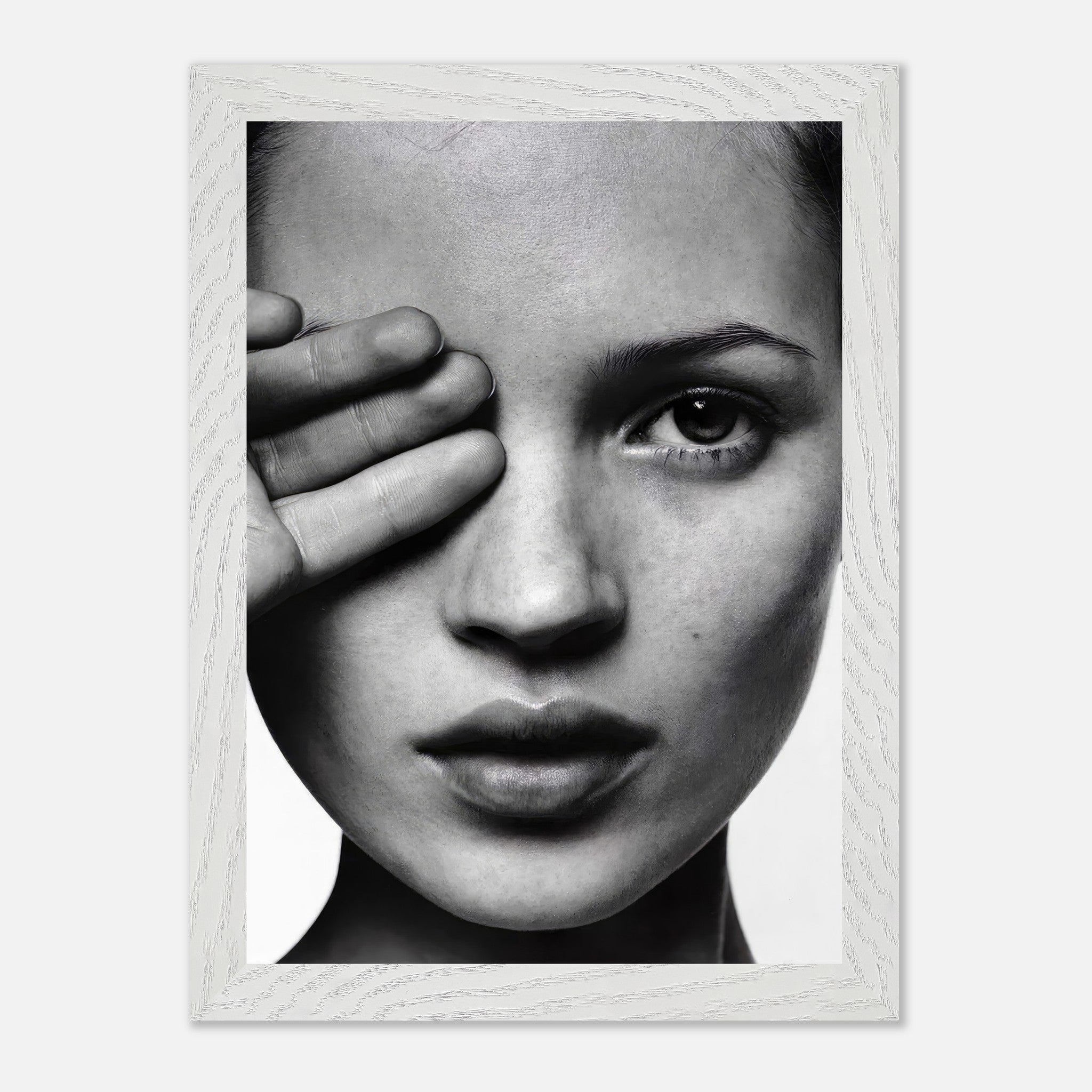 Kate Moss black and white vintage framed print, featuring a striking portrait with elegant, timeless appeal.