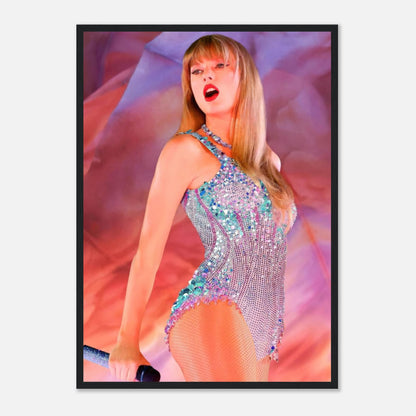 Taylor Swift performing in a stunning sequined outfit, framed print celebrating The Eras Tour's vibrant artistry.