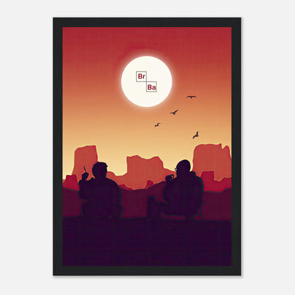 Sunset Breaking Bad framed poster featuring Walt and Jesse under a vibrant sunset in a desert landscape.